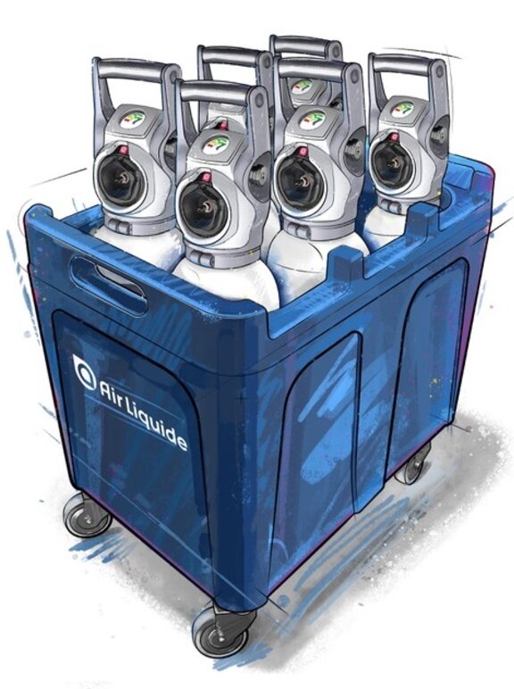 Transportboxen für medizinische Gasflaschen mit integriertem Druckminderer