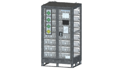 Geschlossene, transparente Schrankpalette für medizinische Gasflaschen von Air Liquide Medical.