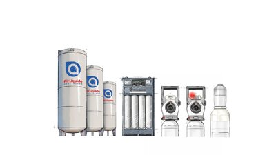 Medizinischer Sauerstoff von Air Liquide in verschiedenen Versorgungsformen: Tank, Flaschenbündel, Flaschen mit und ohne Druckminderer.
