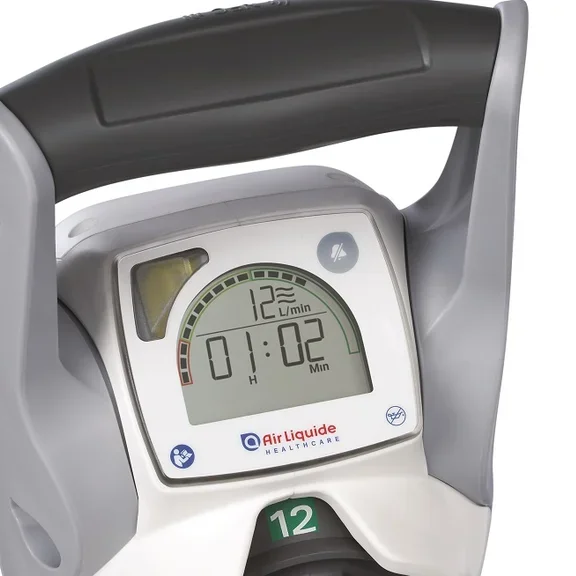 Medizinische Sauerstoffflasche Oyan smart mit digitalem Display und Anzeige von verbleibender Restlaufzeit von Air Liquide in Deutschland.