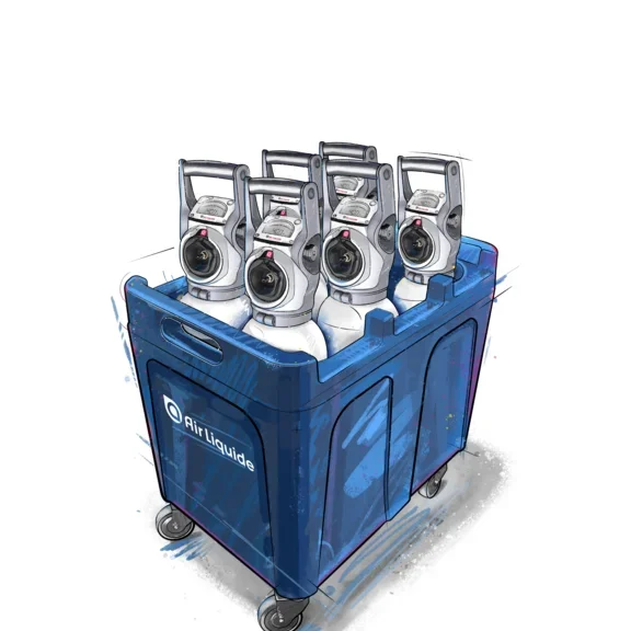 Transportboxen für medizinische Sauerstoffflaschen wie Oyan smart. Für bis zu 6x 2 Liter und 5 Liter