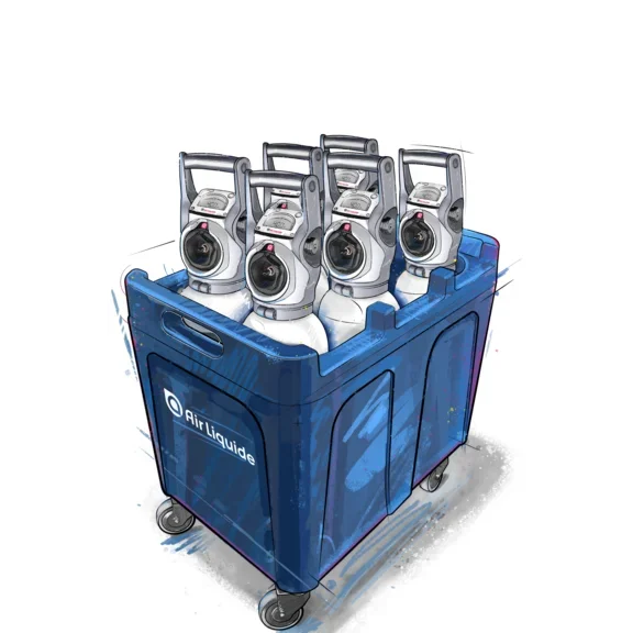 Transportboxen für medizinische Sauerstoffflaschen wie Oyan smart von Air Liquide in Deutschland. Für bis zu 6x 0,8 Liter bis 5 Liter Gasflaschen.