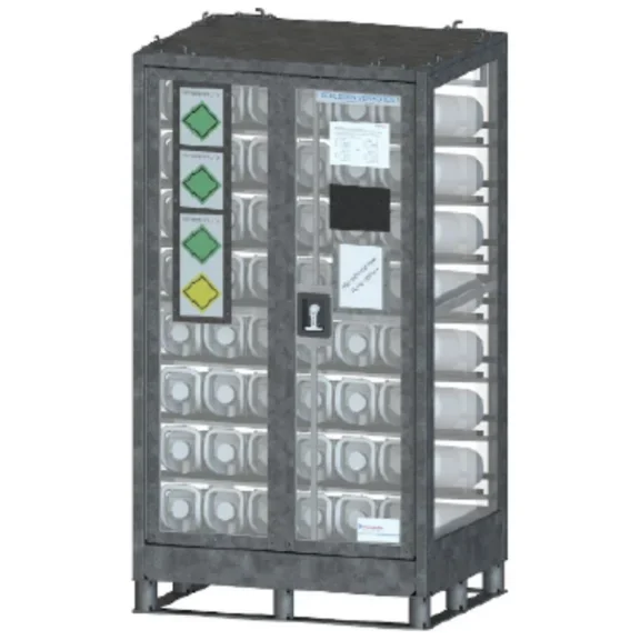 Geschlossene, transparente Schrankpalette für medizinische Gasflaschen von Air Liquide Medical.