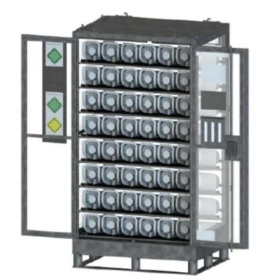 Offene, transparente Schrankpalette für medizinische Gasflaschen von Air Liquide Medical.