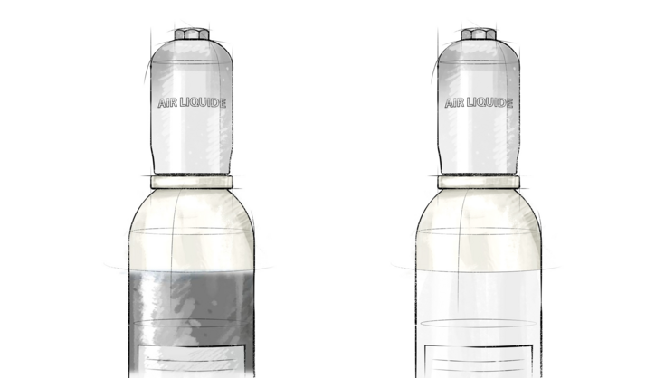 Unterschied Flaschenfarbe medizinischer Sauerstoff (weisser Flaschenmantel, weisser Flaschenschulter) und technischer Sauerstoff (grauer Flaschenmantel, weisser Flaschenschulter) - Air Liquide Medical